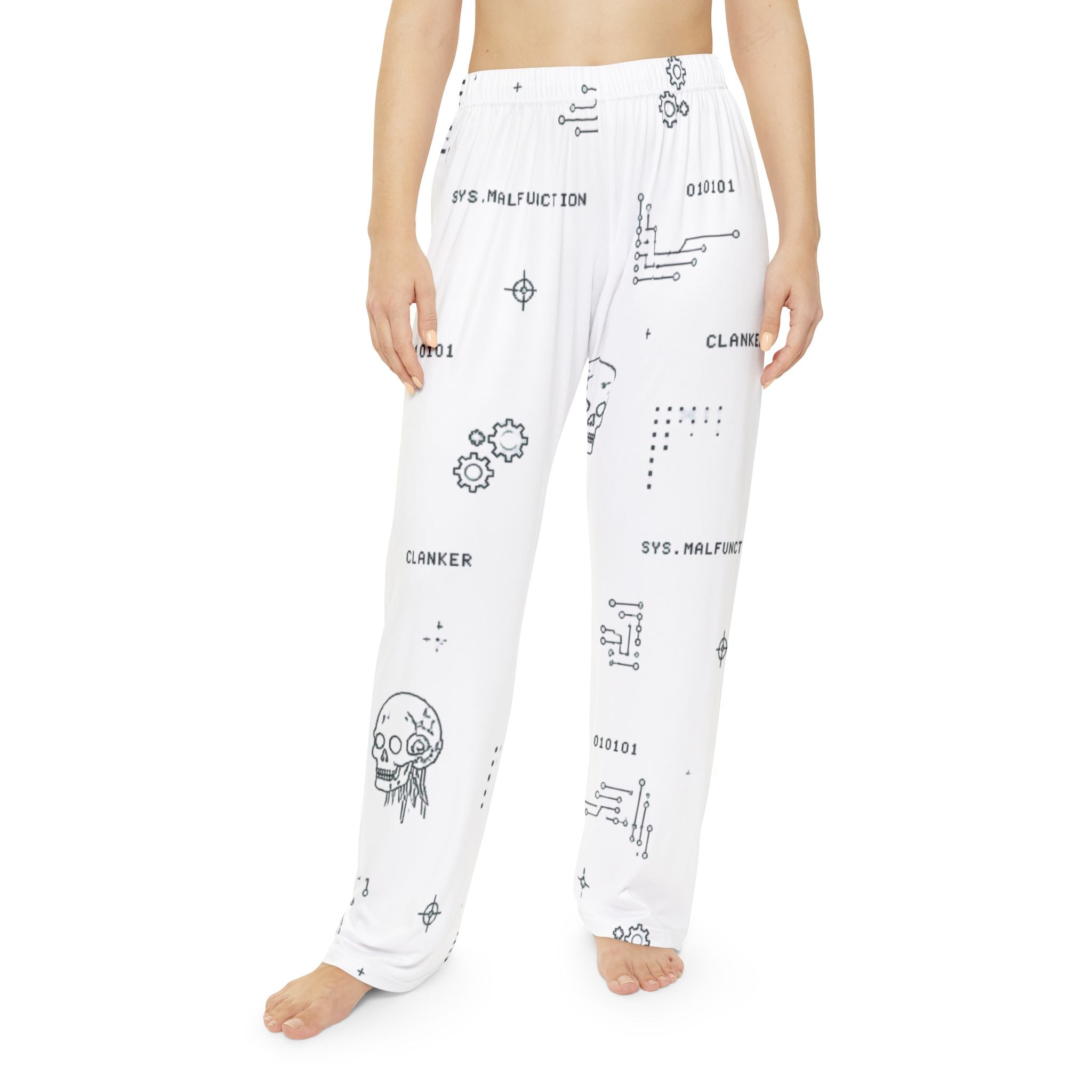 Women's Cyber Clanker Pajama Pants – Soft White Tech Pattern Lounge Pants