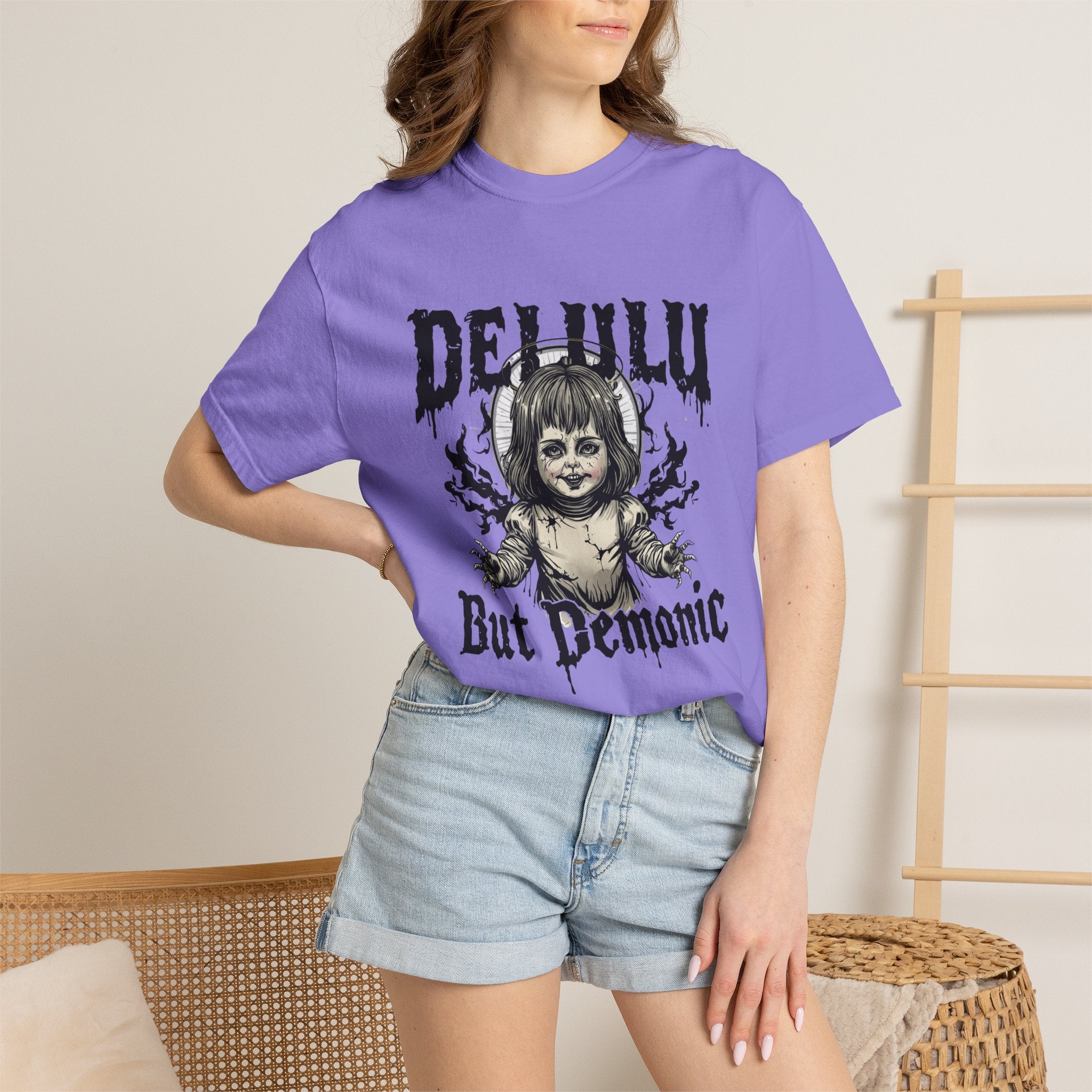 Demonic Doll Graphic T-Shirt — "Delulu But Demonic" Horror Tee