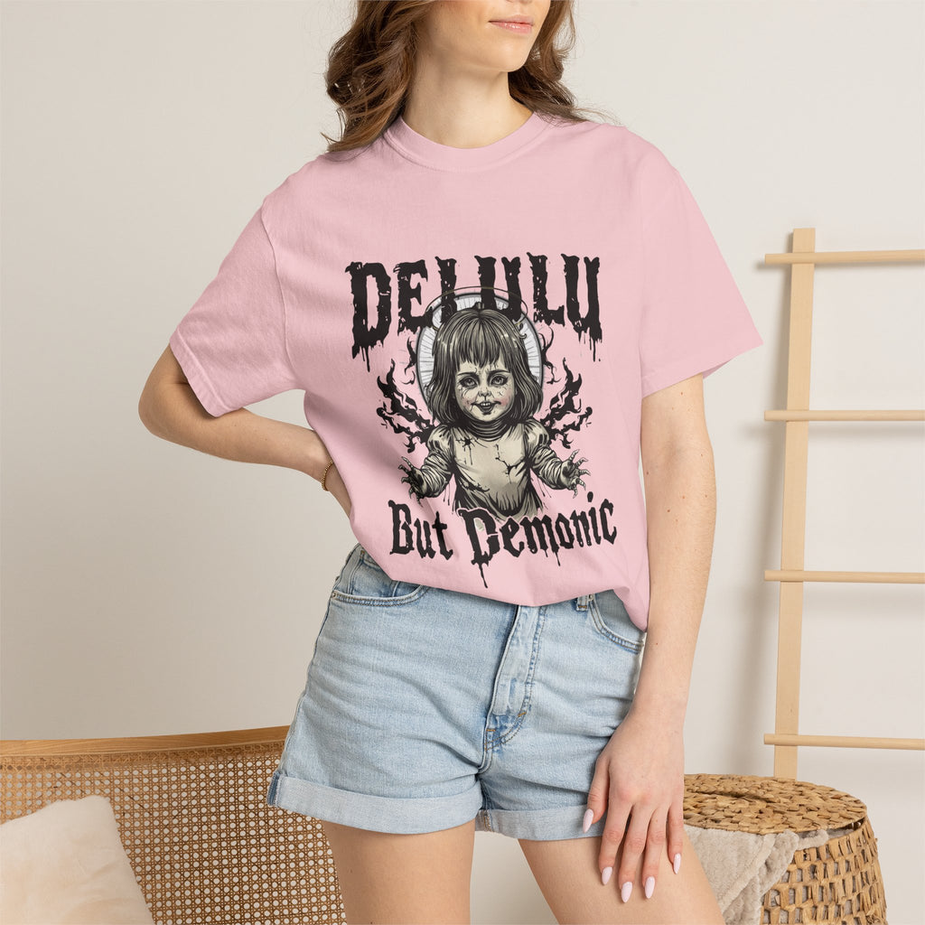 Demonic Doll Graphic T-Shirt — "Delulu But Demonic" Horror Tee