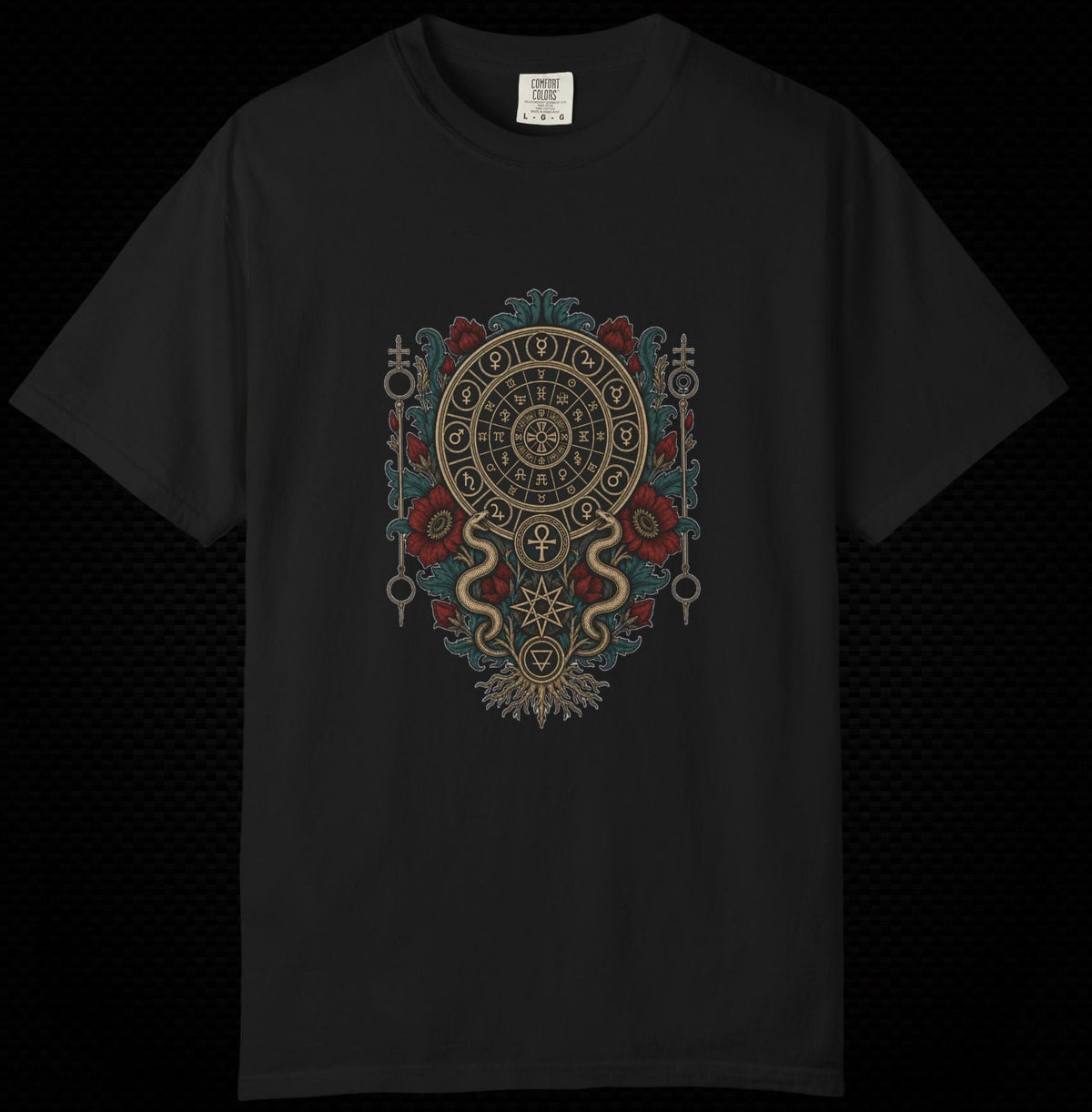 A black short-sleeve crewneck t-shirt featuring a detailed, symmetrical gothic mandala graphic on the chest with red roses and gold accents, displayed against a dark textured background.