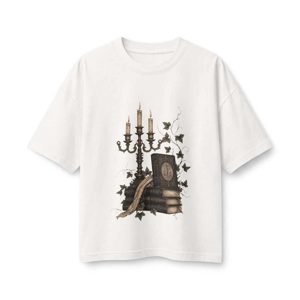 Gothic Candlelight Bookstack Tee — Ink & Owl Literary Vintage Shirt