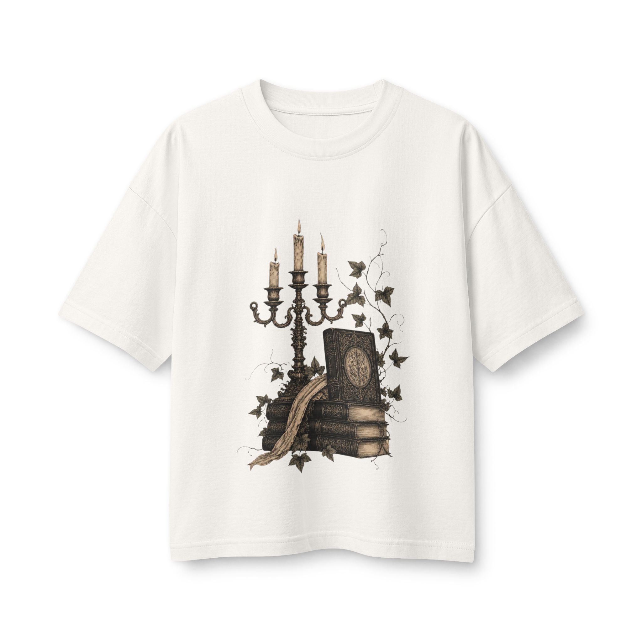 Gothic Candlelight Bookstack Tee — Ink & Owl Literary Vintage Shirt