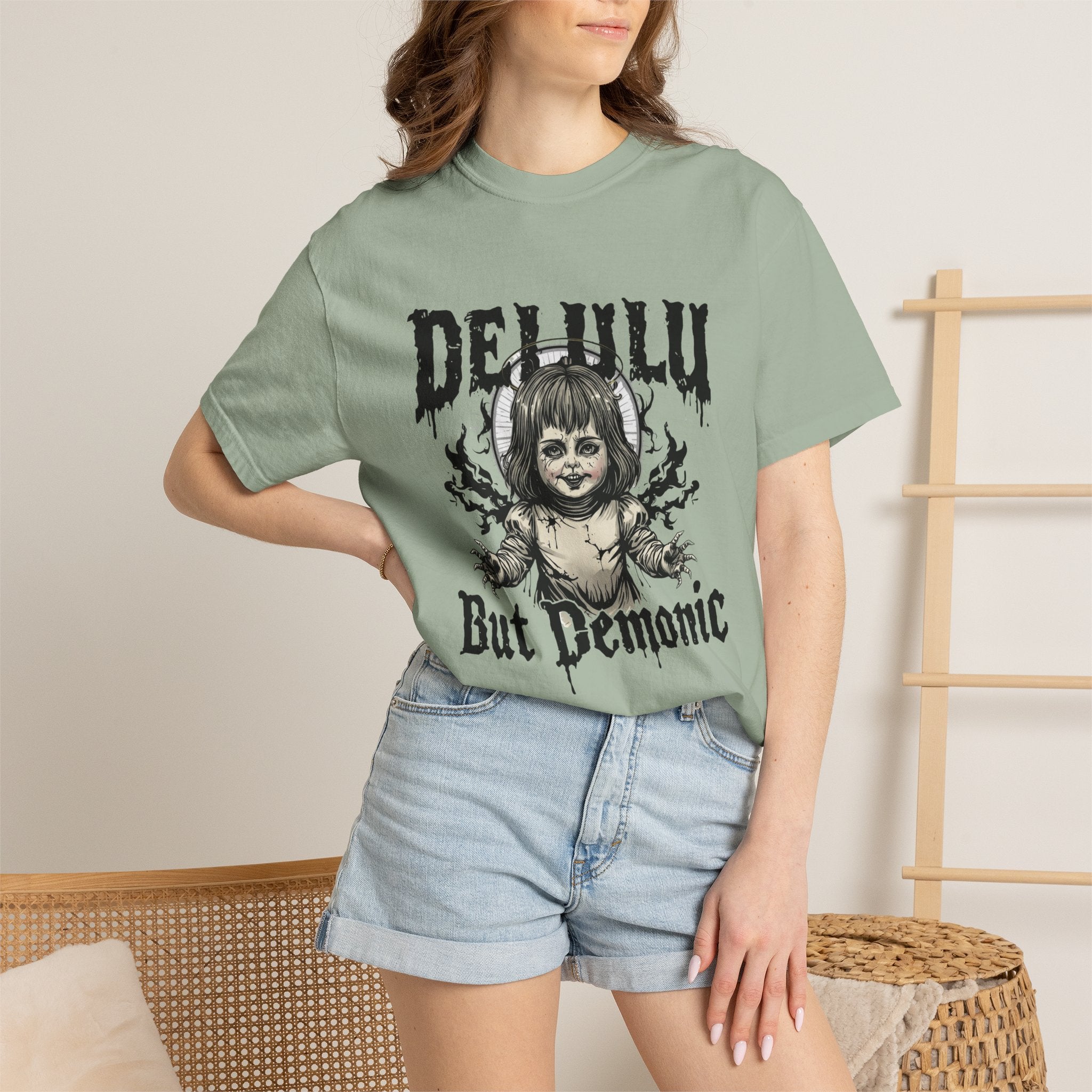 Demonic Doll Graphic T-Shirt — "Delulu But Demonic" Horror Tee