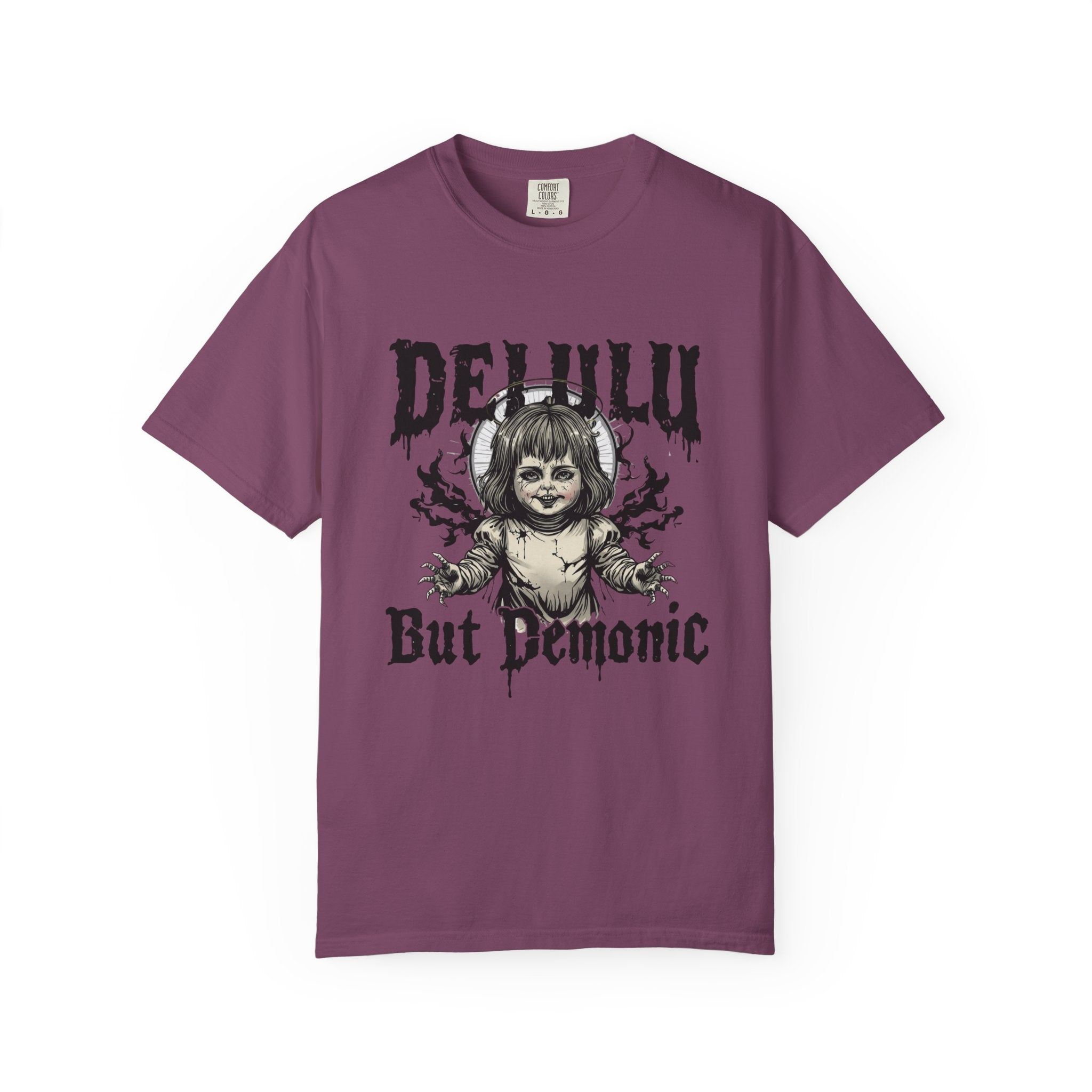 Demonic Doll Graphic T-Shirt — "Delulu But Demonic" Horror Tee