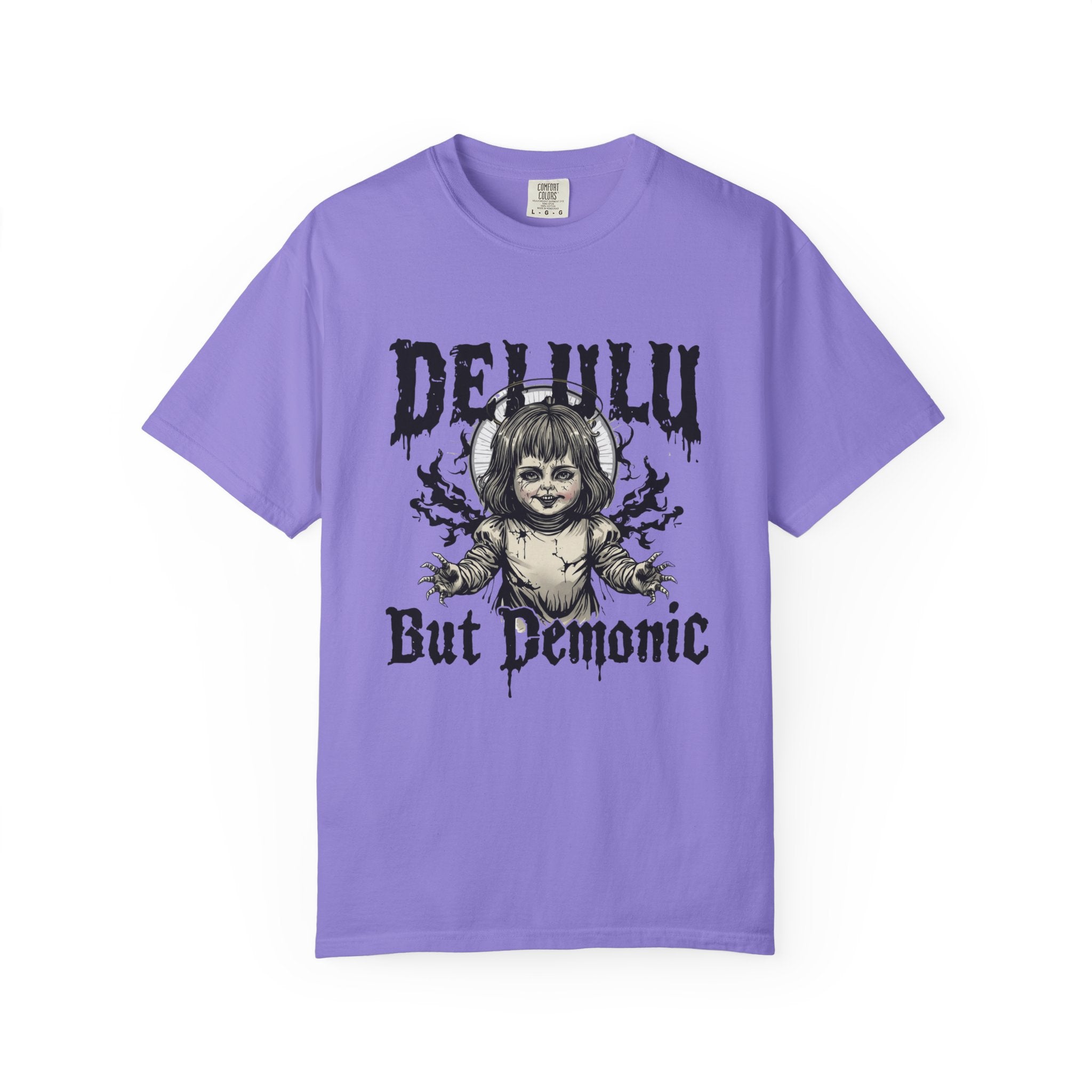 Demonic Doll Graphic T-Shirt — "Delulu But Demonic" Horror Tee