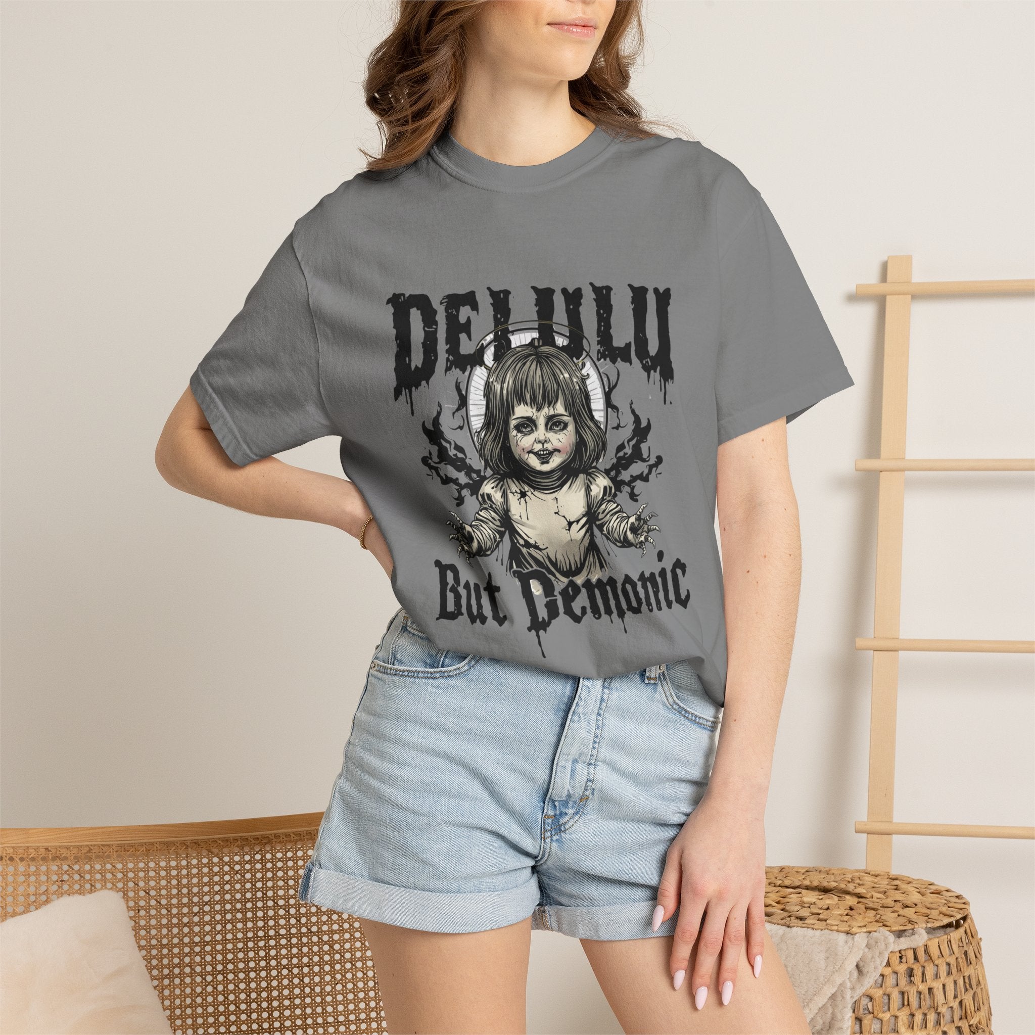 Demonic Doll Graphic T-Shirt — "Delulu But Demonic" Horror Tee