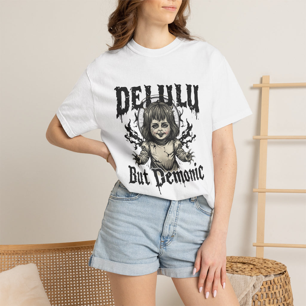 Demonic Doll Graphic T-Shirt — "Delulu But Demonic" Horror Tee