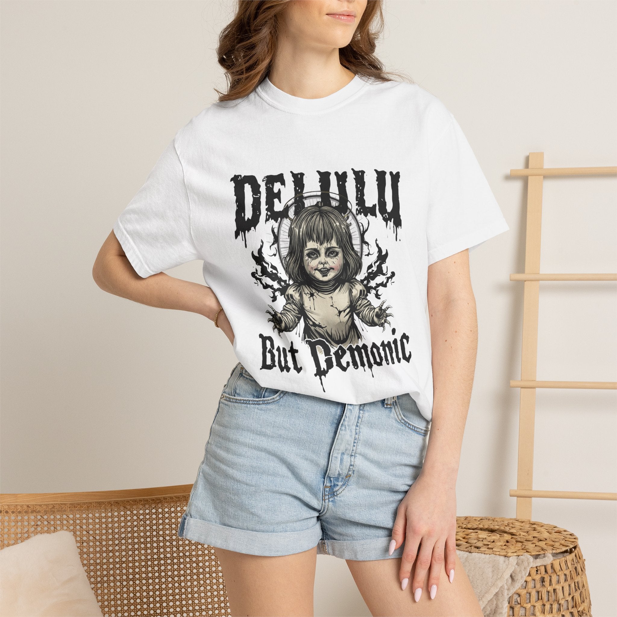 Demonic Doll Graphic T-Shirt — "Delulu But Demonic" Horror Tee