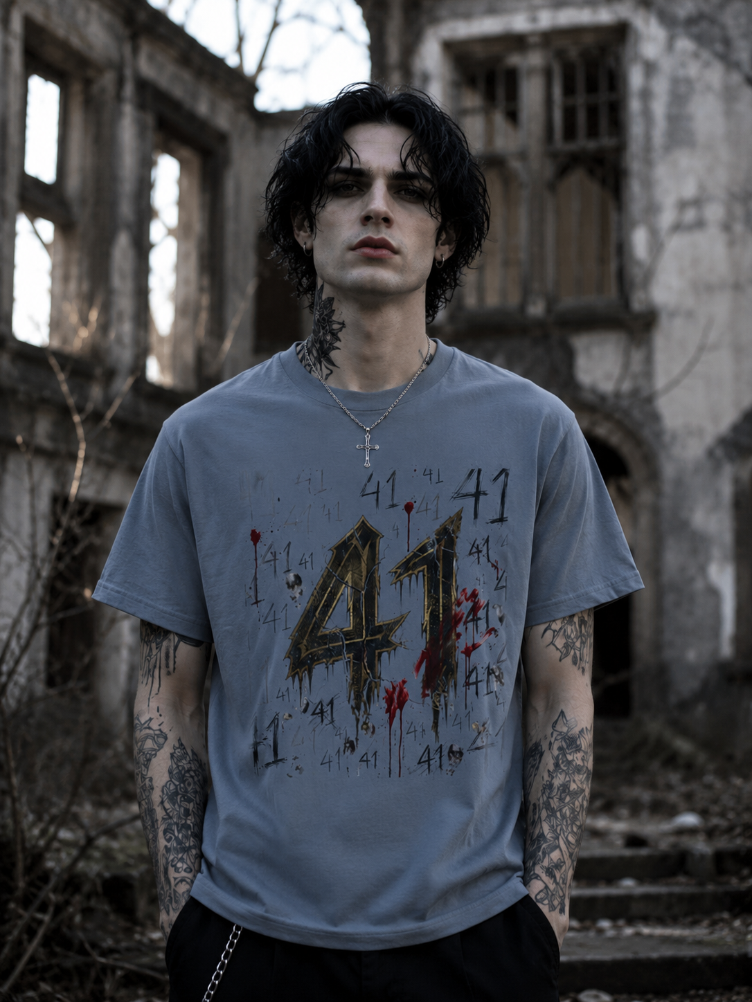 A man with dark hair and tattoos wearing a light blue graphic t-shirt with a distressed black '41' and red blood splatter design, standing in front of a ruined building.