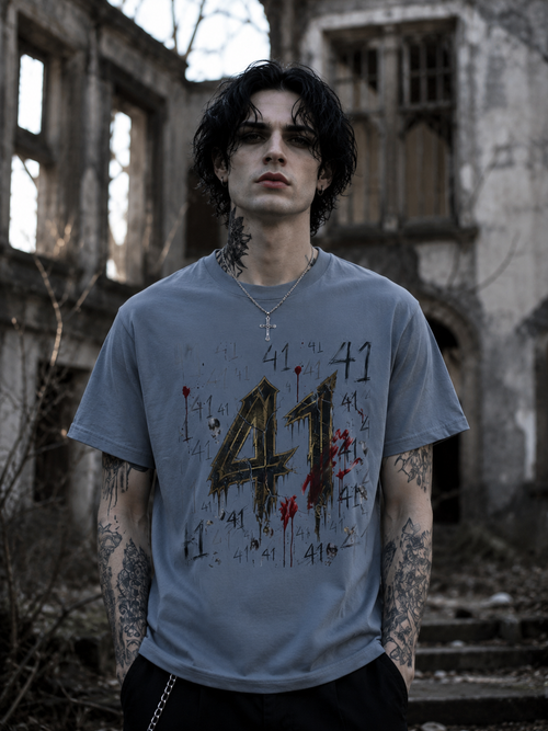 A man with dark hair and tattoos wearing a light blue graphic t-shirt with a distressed black '41' and red blood splatter design, standing in front of a ruined building.