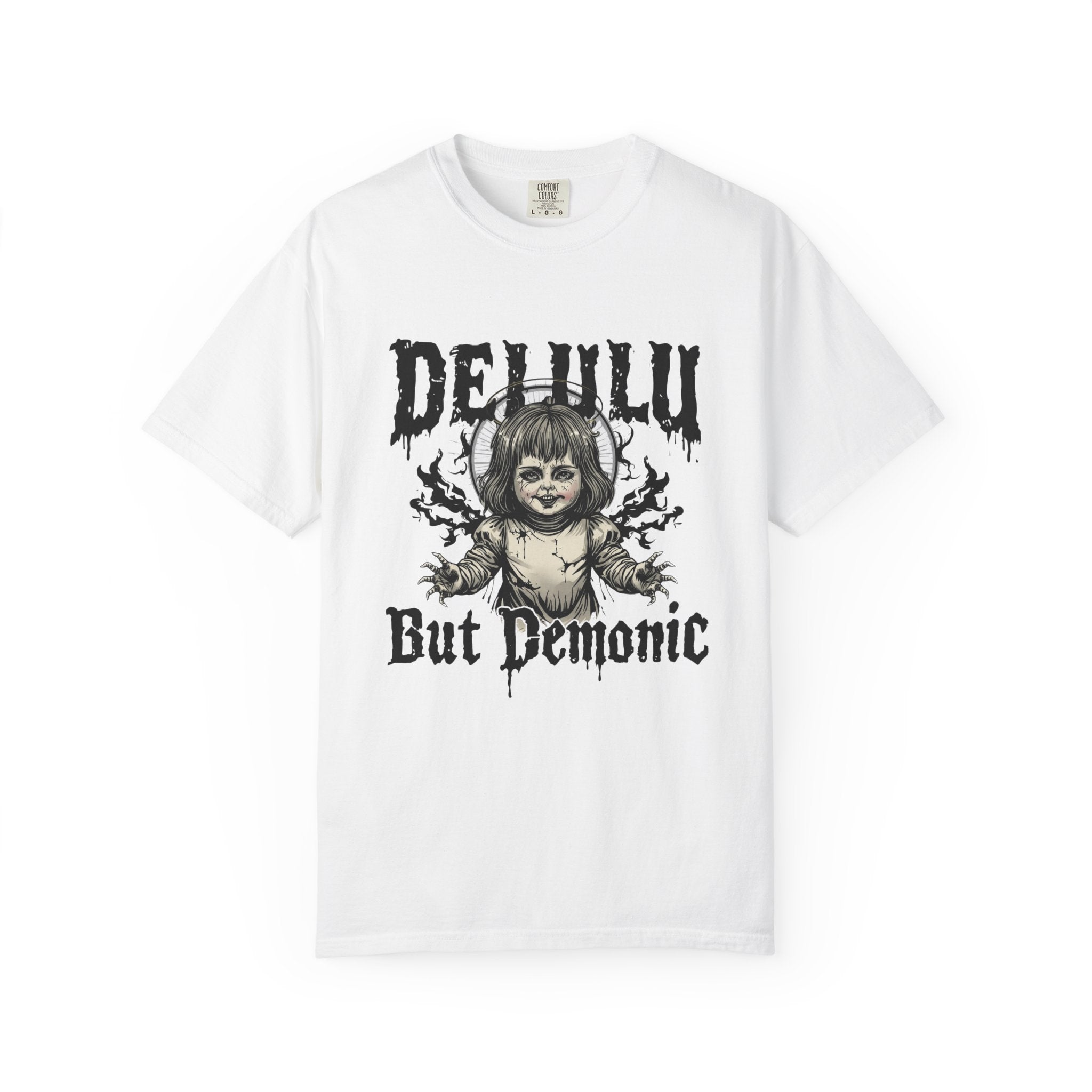 Demonic Doll Graphic T-Shirt — "Delulu But Demonic" Horror Tee