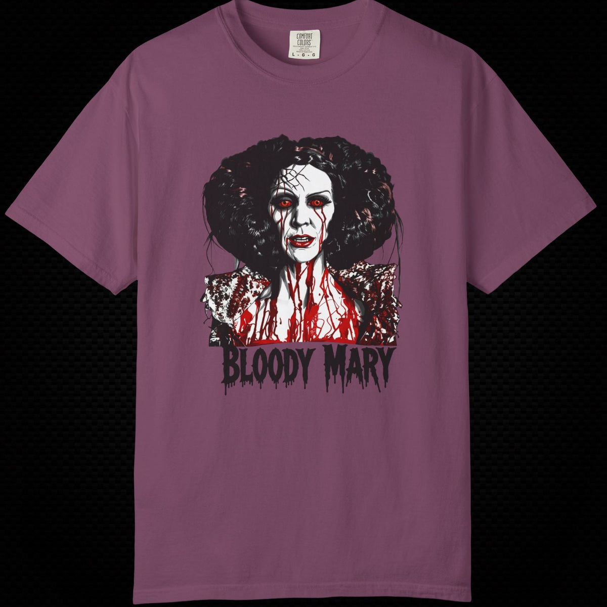 A mauve purple short-sleeve t-shirt featuring a graphic print of a horror character with the text 'BLOODY MARY' underneath, displayed against a solid black background.