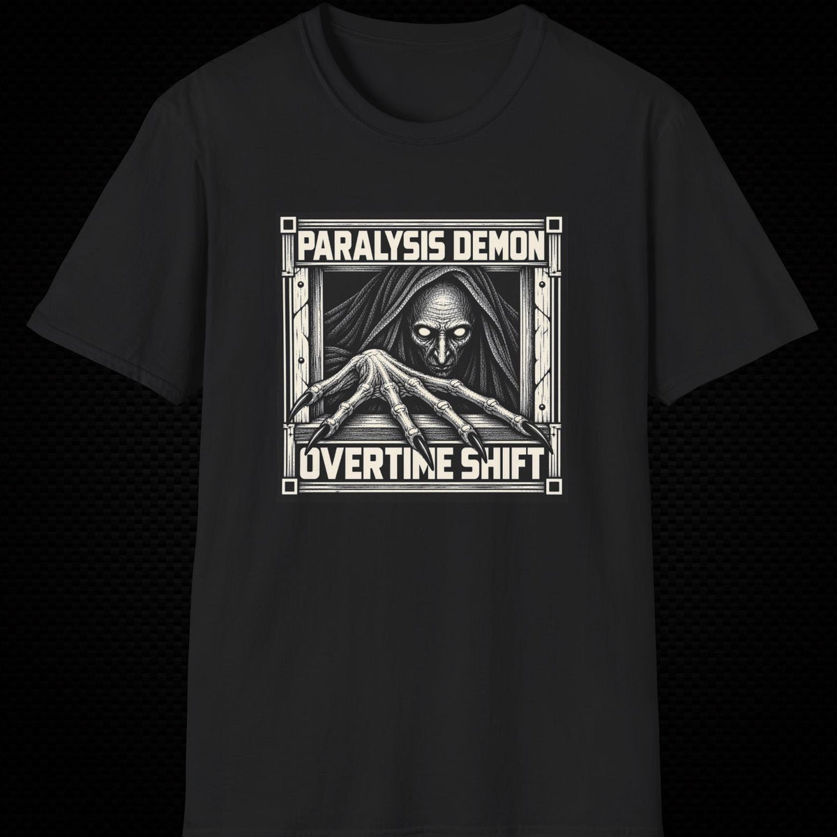 A dark charcoal gray t-shirt with a white and gray graphic print on the front featuring a hooded demon and the text 'PARALYSIS DEMON' and 'OVERTINE SHIFT'.