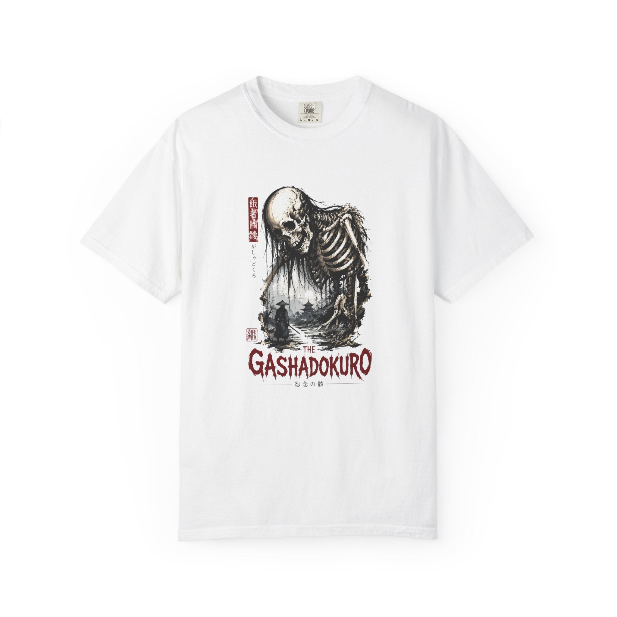 A white short-sleeve crewneck t-shirt featuring a graphic print of a skeletal figure with the text 'GASHADOKURO' in red below it, displayed on a clean white background.