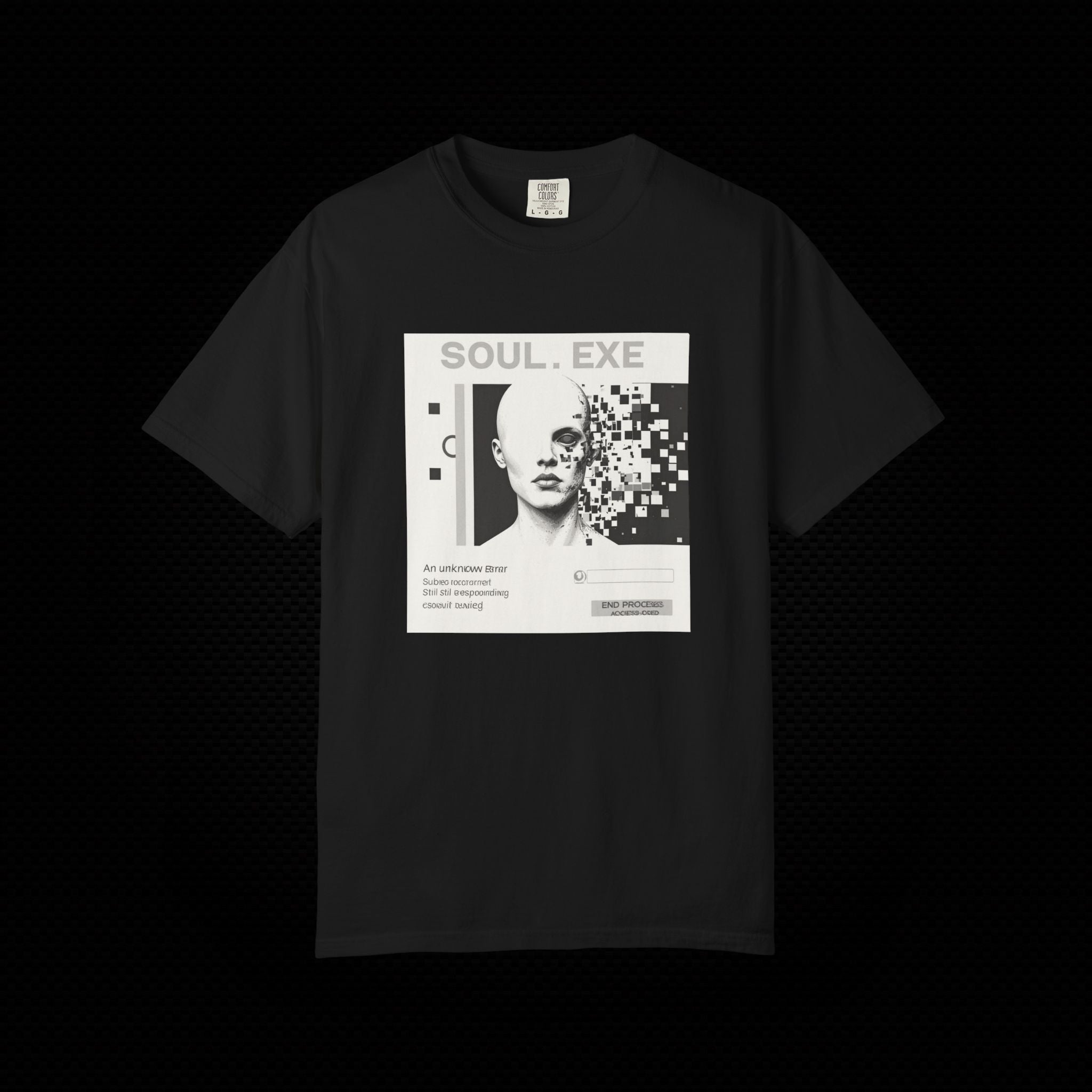 A black short-sleeve t-shirt with a large white graphic print on the front featuring a stylized portrait and the text 'SOUL, EXE'.